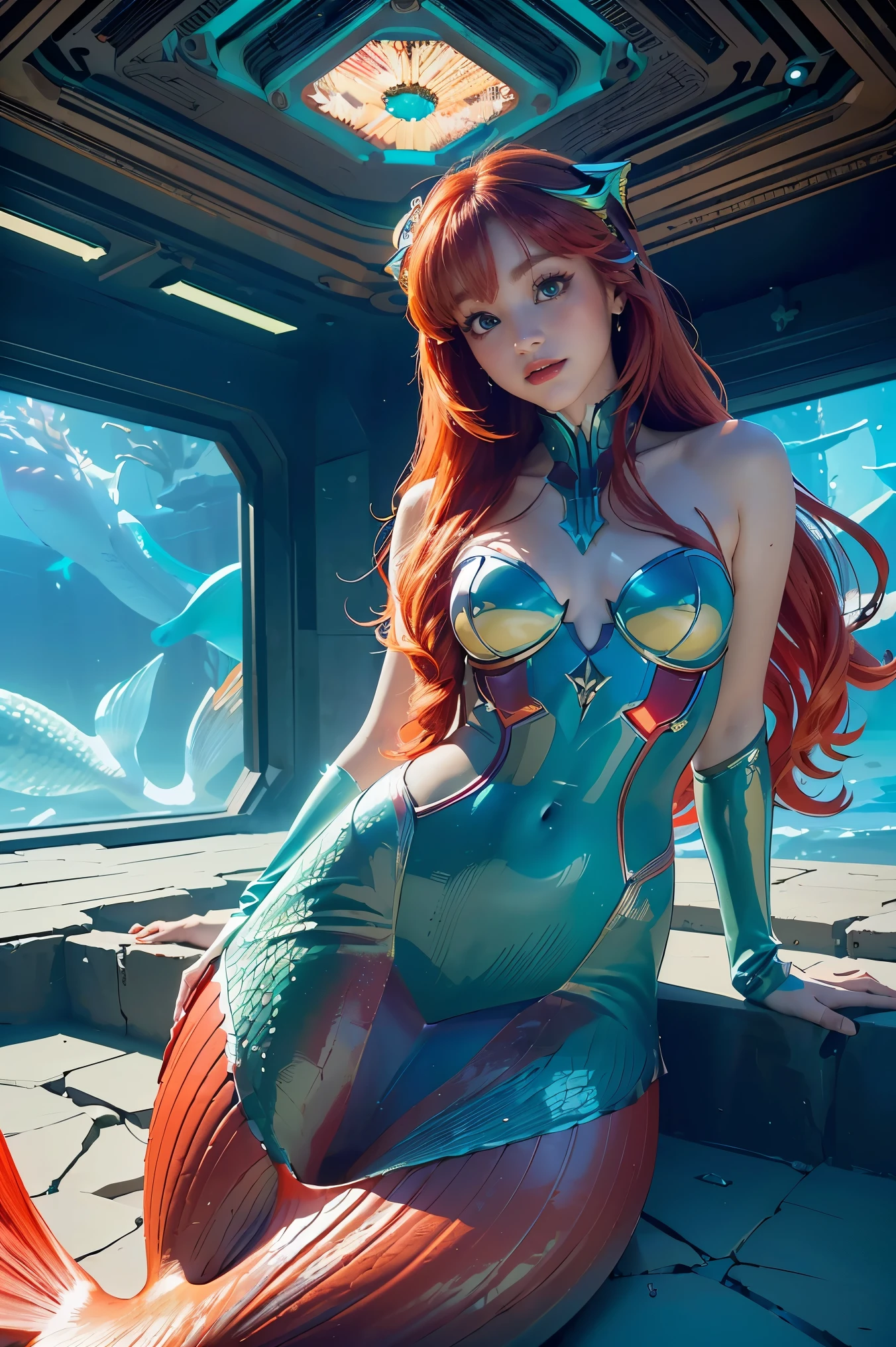 ((Masterpiece, best quality, very detailed), Volumetric light, surrounding occlusion, colorful, glow), 1 girl, alone, young girl, (red hair), long hair, goddess, cybersuits, (Mermaid design:1.3), coral, under the sea, castle, Atlantis, (Cyberpunk theme:1.2), (((The Little Mermaid))). Ariel,