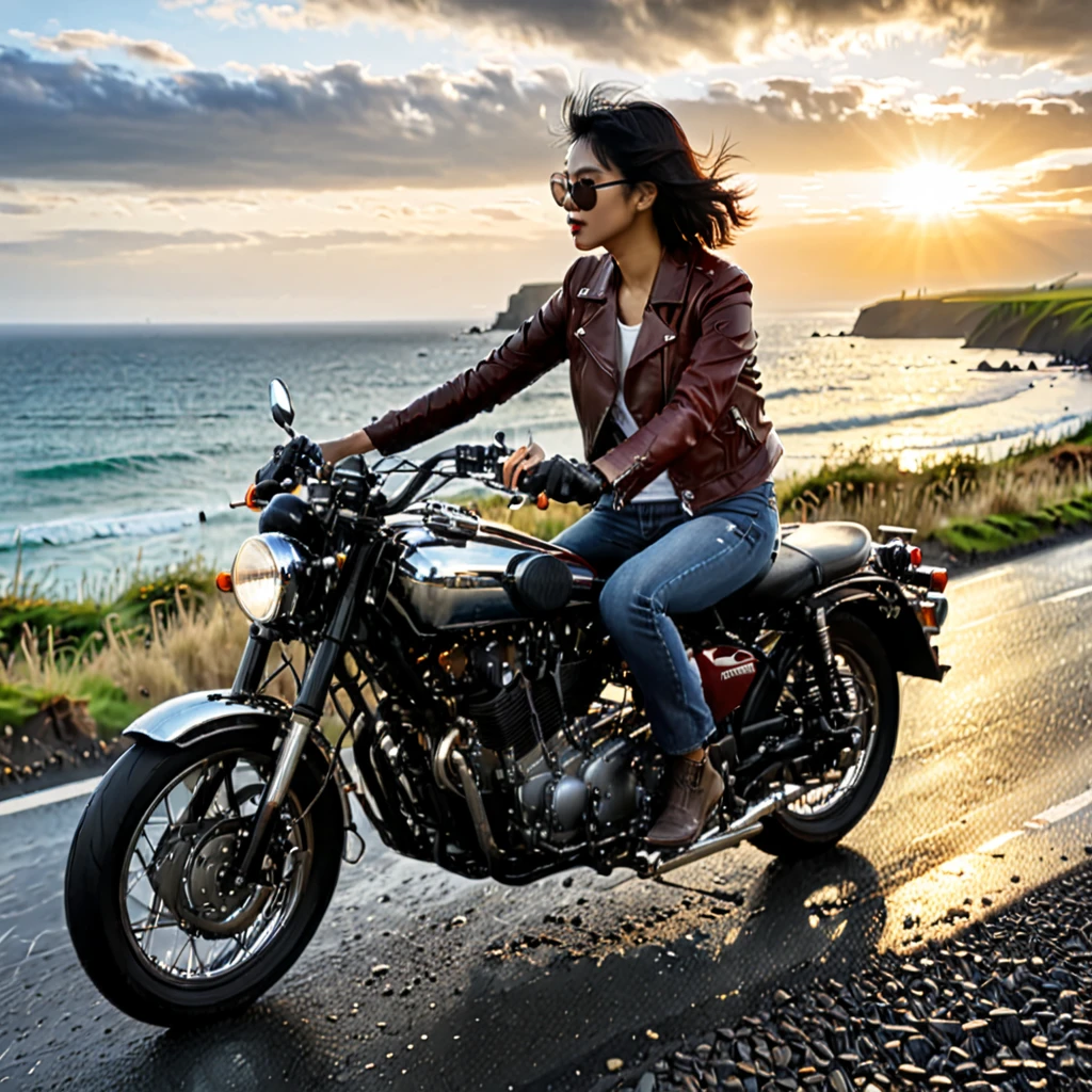 (Backlight:1.4)、(The motorcycle and rider are silhouetted in the setting sun.:1.4)、(The sun sets:1.2)、(Ride a classic motorcycle:1.2 )、(Vintage Bikes、Bluff Superior SS100)、Beautiful young Japanese woman、Beautiful Face, Black Hair, Short Bob Hair, Red classic leather jacket、sunglasses、(Accurate motorcycle shape)、(Photograph the entire motorcycle:1.2)、 BREAK Coastal road with ocean view、After the Rain、British coastal scenery、Blur the background、Artistic photography、Motion Blur、Realistic、High Contrast、(Highest quality, masterpiece, High resolution)、8k、wallpaper、