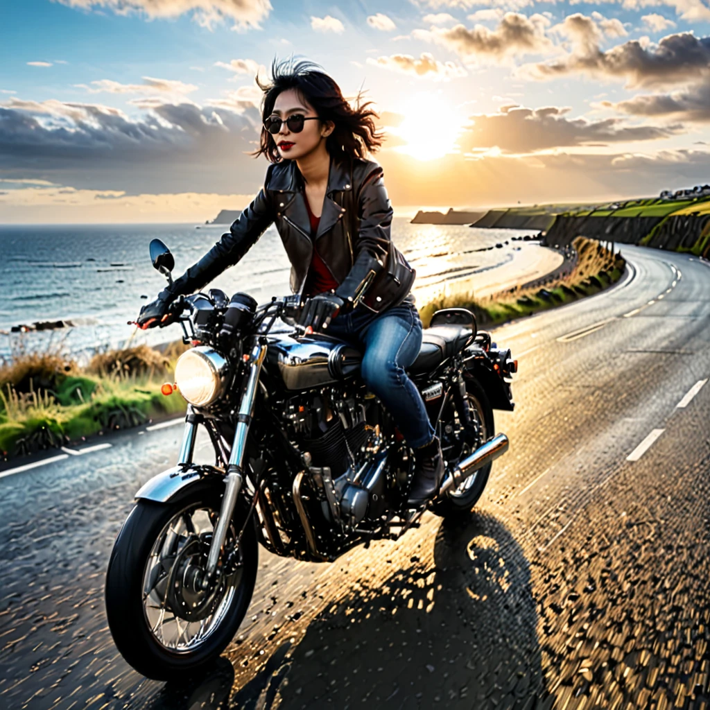 (Backlight:1.4)、(The motorcycle and rider are silhouetted in the setting sun.:1.4)、(The sun sets:1.2)、(Ride a classic motorcycle:1.2 )、(Vintage Bikes、Bluff Superior SS100)、Beautiful young Japanese woman、Beautiful Face, Black Hair, Short Bob Hair, Red classic leather jacket、sunglasses、(Accurate motorcycle shape)、(Photograph the entire motorcycle:1.2)、 BREAK Coastal road with ocean view、After the Rain、British coastal scenery、Blur the background、Artistic photography、Motion Blur、Realistic、High Contrast、(Highest quality, masterpiece, High resolution)、8k、wallpaper、