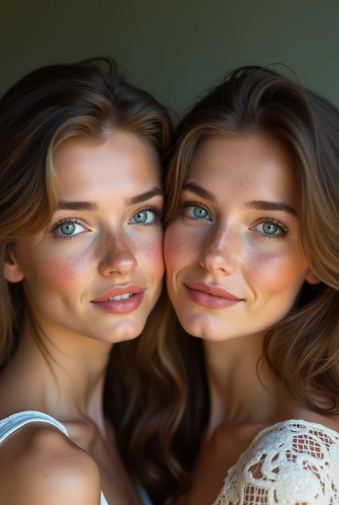 2 ukrainian girls face each other, Brust an Brust, beautiful, Meisterwerk, fotorealistisch, ..RAW:1.4, Nachtszene, DUNKLES Haar, natural skin texture, happy, leichte Sommersprossen