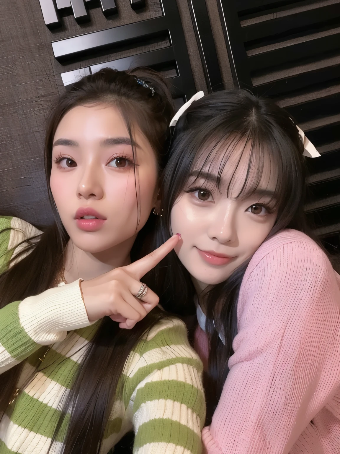 Two Asian girls taking a picture with their fingers up., Best Face, tzuyu from double, With Ivy, double, roseanne park of Black Rose, Nicks and Sakimichan, Black Rose jennie, jossi of Black Rose, Black Rose, Larissa Manoval, # President, #President, popular makeup in korea, 🔞🤡, popular korean makeup