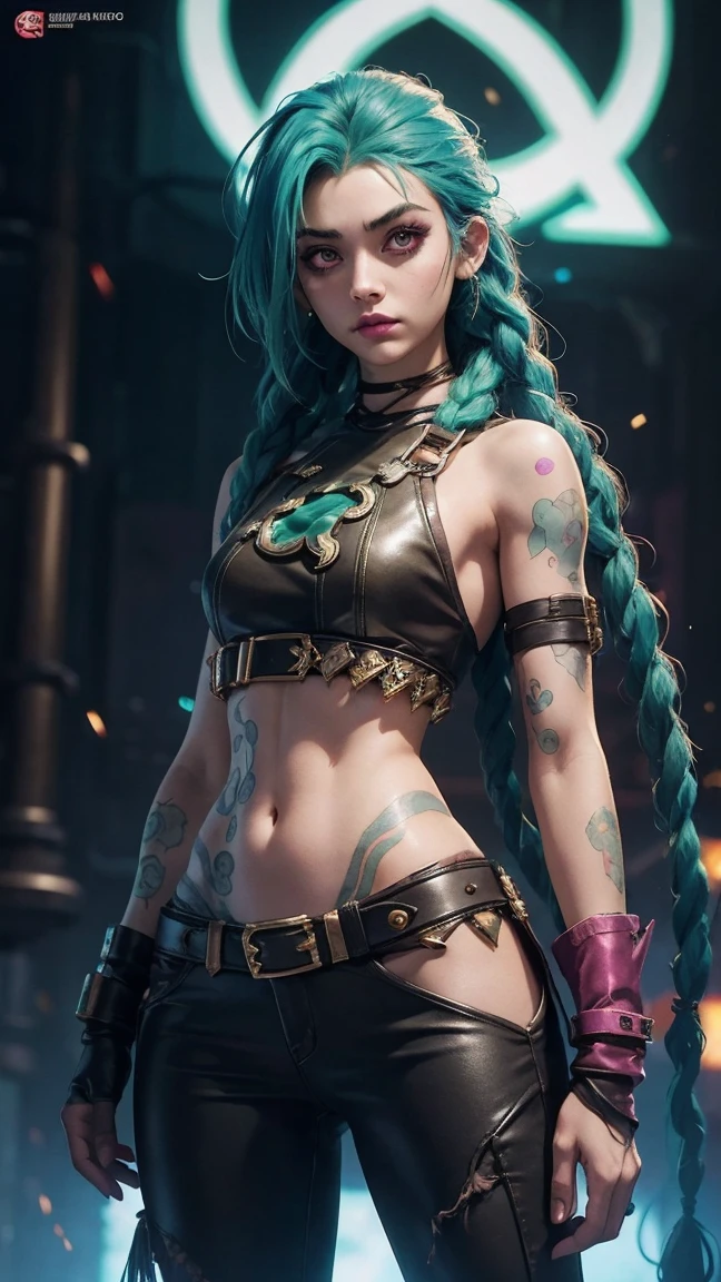 uma mulher com hair green e tatuagens, cyberpunk woman anime woman, pants, Beautiful angry cyberpunk goddess, cyberpunk artstyle, cyberpunk anime digital art, cyberpunk anime art, Arcane, portraite, cyberpunk anime art, cyberpunk themed art, cyberpunk dark fantasy, arcane style, 1 girl, stars tattoo on arm, asymmetrical bangs, range, hair green, Green braids, brown shirt, stars tattoo, sideways, hair green, long hair, pink eyes, Red lips, Standing , cloud tattoo, Twin braids. arcane girl. Garota de hair green, garota de Twin braids, a girl in a burning place, Spark, spheres of light, Movie poster, Arcane\(league of legends\, 1 girl, stars tattoo on arm, asymmetrical bangs, range, hair green, Green braids, brown shirt, stars tattoo, sideways, hair green, com Twin braids e cor verde