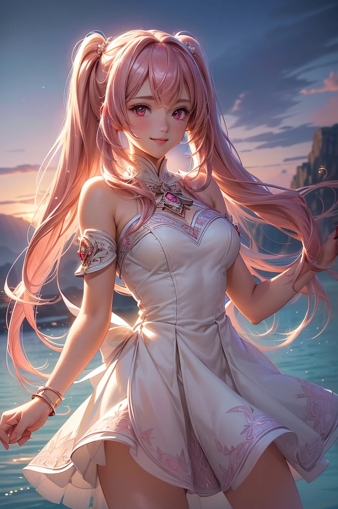 Official fine art, masterpieces, sharp focus, (Beautiful gorgeous and cute beautiful girl 1.3), anime beautiful girl, delicate beautiful multicolored hair, delicate beautiful eyes and face, cat ears on the head, wearing white stockings, realistic, super detailed, beautiful girl, standing by the sea, glowing white particles, (sidelighting: 1.2), sunlight, white clouds, delicate clouds, slender, smile, landscape, long straight hair, buildings, dynamic hair, long straight hair, fine platinum-pink hair, glowing blue eyes, hair accessories, epic landscapes,