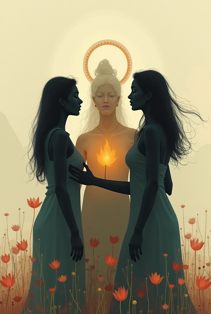 A white shiny woman without face comes from sunshine to another woman who looks disappointed, because theyre depart