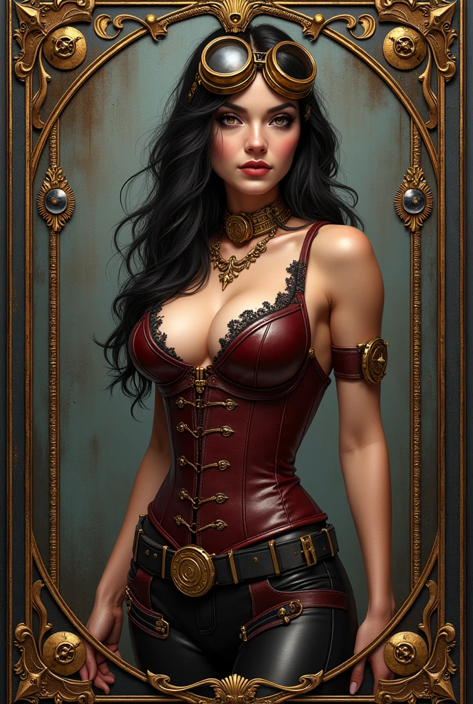 A 22 year old woman with long dark brown hair in a red and gold stone corset, short black skirt and high boots 
