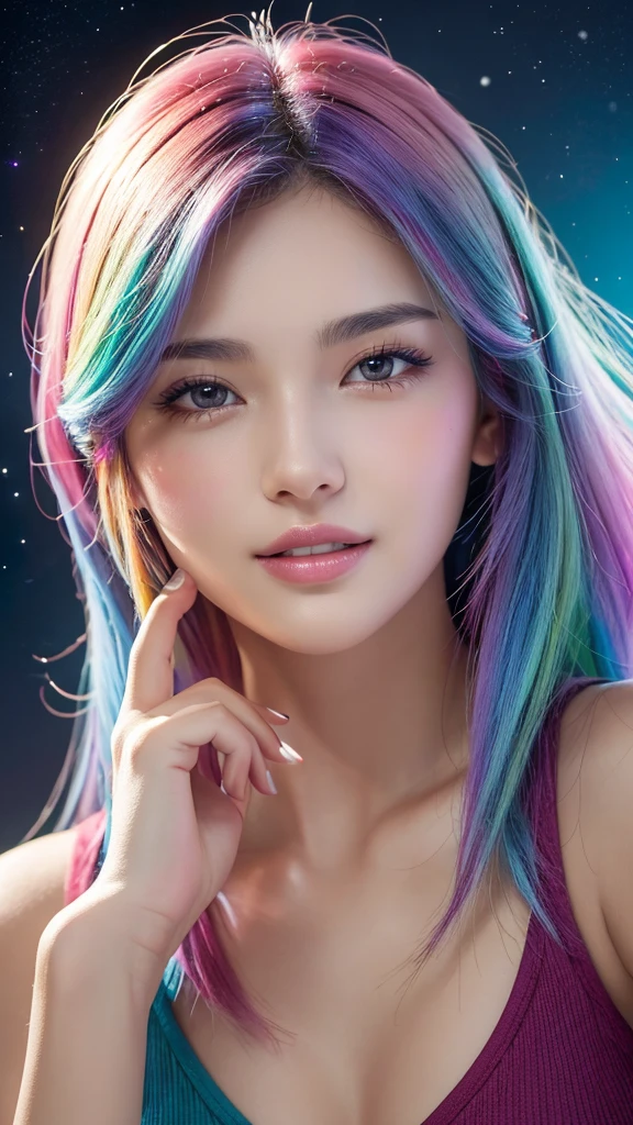 Mulher bonita colorida, uma mulher de 30 anos, cabelo bagunçado de Many colors, aquarela, nice perfect face, Many colors, detalhe intrincado, tela inicial, 8k resolution, obra-prima, rosto bonito, digital painting art station very smooth paint flowBlack, obra-prima fotorrealista de 8k resolution, pintura guache fluida intrincadamente detalhada, caligrafia, acrylic, arte em aquarela, fotografia profissional, natural lighting, maximalist volumetric lighting, complexa, elegante, expansivo, Fantastic