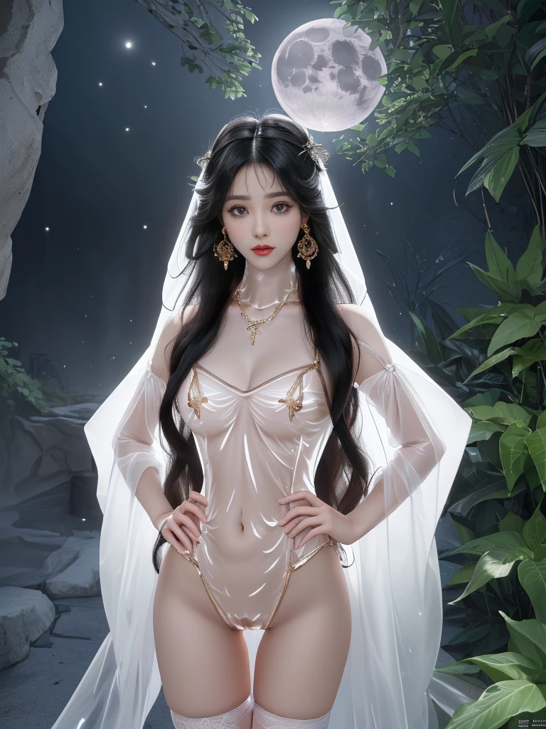 A Chinese girl with a beautiful face, Sheer tulle shirt, Transparent tulle skirt, Transparent latex bikini
(((night, Ruins overgrown with vegetation at the end of the world, Hospital, moonlight))), 
((8K Ultra HD, 8K, Ultra-high resolution, best quality, Super Fine, Clear focus. Masterpieces, complete pattern, Ultra HD, Detailed photos, Best image quality，Ultra-clear，Delicate facial features，Well-defined, Highly rated works)), 
((Creating the image of a real girl), Realistic shadows, Soft lighting, Dynamic Angle, Dynamic poses, Elegant Posture, Cowboy lens, Full body front view, Be confident, Facing the camera, Eyes looking towards camera lens, Standing posture, Open your legs slightly, Golden Ratio Graphics, Minimalism, Center the character), 
( Smile, Sexy的, Balanced Eyes, Realistic eyes, eyes in beautiful detail,Pretty Face, (Realistic face), Normal facial features, Realistic skin, Attention to skin details, Skin is clean and radiant, Whitening, Anatomically correct body, Golden ratio figure, Sexy的身材), 
(Perfect makeup, Gloves, earrings, bracelet, necklace, Jewelry, Hair accessories, veil, shawl, sock, Knee socks, 吊garter, Leg ring, garter, 腿部garter), 
((beautiful hair), Deep black hair, Wavy curly hairstyle, Waist-length hair, Messy Hairstyle, Gradient hairstyles, Cyberpunk hairstyle), 
((Transparent clothes: 1.5), (Revealing clothes: 1.5), (Color of clothes: red), Wearing transparent tulle clothing), 
(Sexy的, Perfect breast shape, Teardrop chest shape, Snow-white breasts, very detailed breasts, 36B cups), 
(Super high waist, Deep V, Low-cut, Sexy, Flattering, Open crotch, (Camel toe, High fork strangulation))