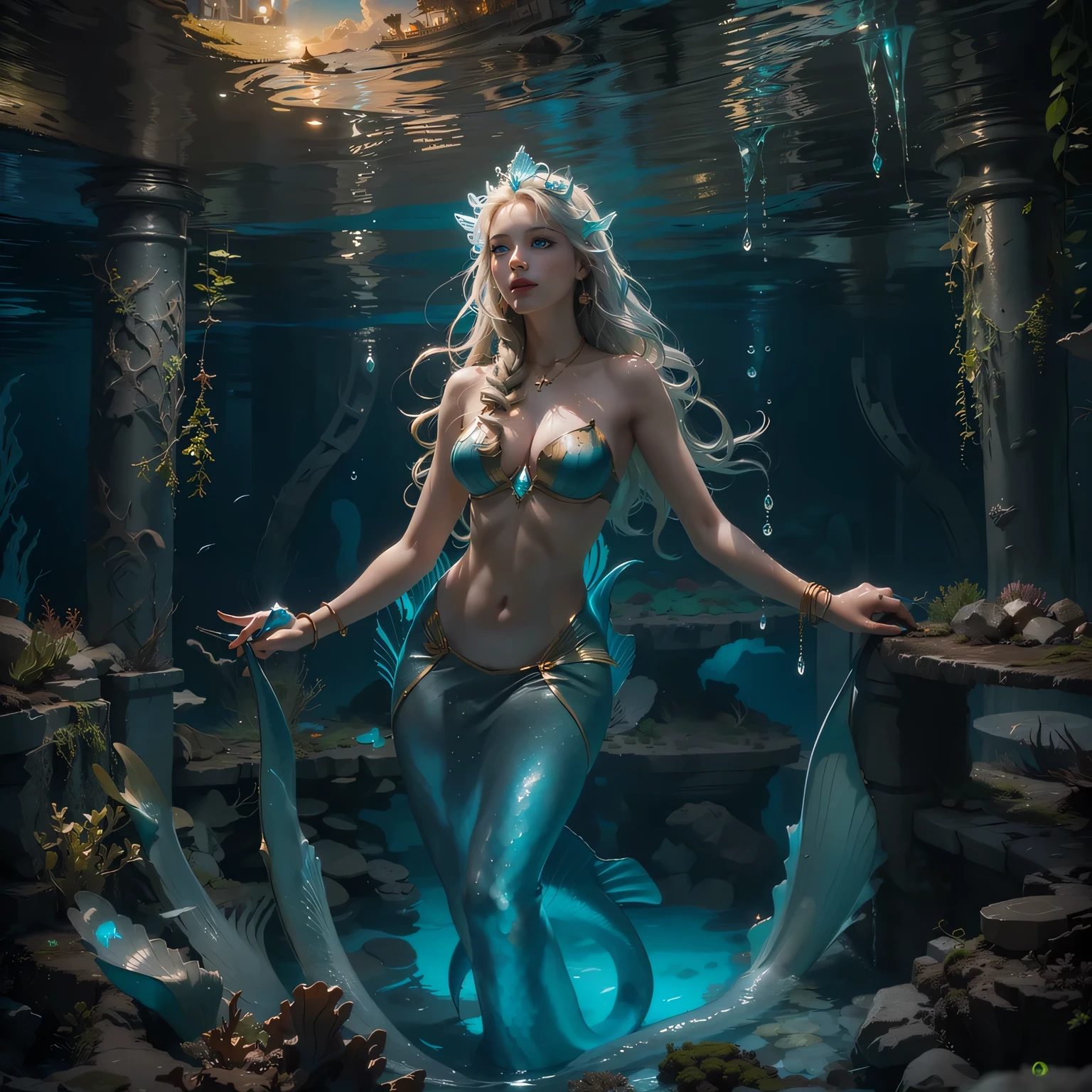 high details, best quality, 16k, [ultra detailed], masterpiece, best quality, (extremely detailed), dynamic angle, ultra wide shot, RAW, photorealistic, fantasy art, dnd art, rpg art, realistic art, an ultra wide picture of a sea elf (1.5 intricate details, Masterpiece, best quality) water mage casting ((water control spell)), water wizard ((water magic, intense magic details)), (( controlling a swirling mass of water)), magical symbols, female sea elf, blue skin, green hair, long hair, swirling hair, intense eyes, small pointed ears, ((blue eyes)), ((glowing eyes)), armed with magical wand, wearing sea shell clothing, beautiful elf, underwater background, rich underwater life, ((magical atmosphere)), fish and sea weeds, high details, best quality, highres, ultra wide angle
