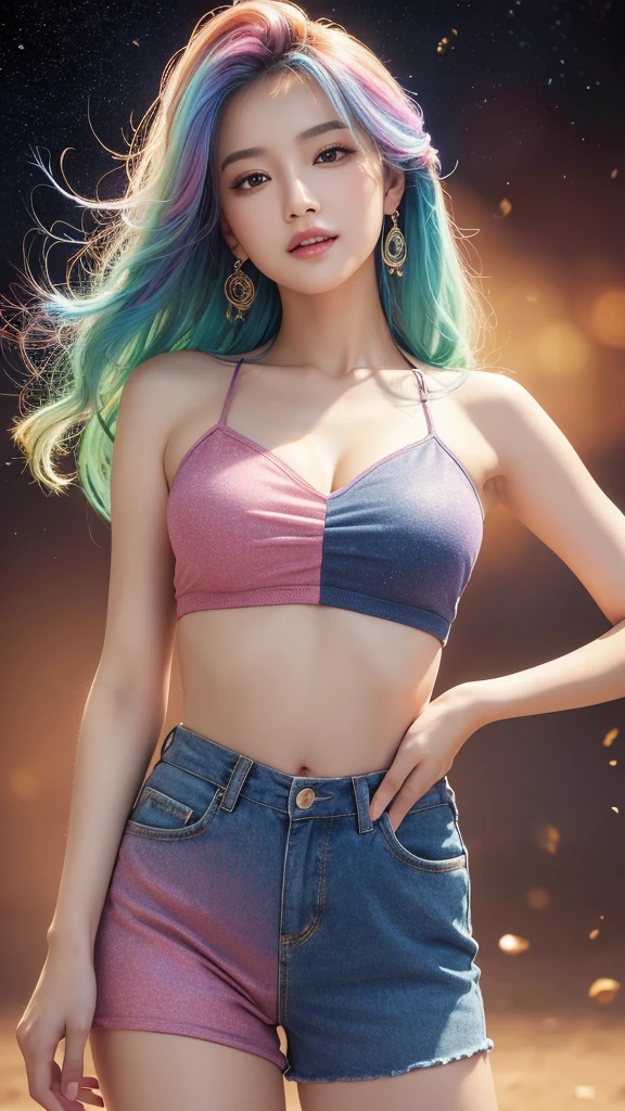park,dressed, cleavage,flirting on camera,(photo realistic:1.4), (hyper realistic:1.4), (realistic:1.3),(smoother lighting:1.05), (increase cinematic lighting quality:0.9), 1girl, 18yo girl, (long pink hair, (multicolored) blue red yellow rainbow hair:1.6),realistic lighting, backlighting, light on face, sun shining, shiny skin, sun flare,(blue eyes:1.4),(brightening light:1.2), (Increase quality:1.4),(best quality real texture skin:1.4), finely detailed eyes, finely detailed face,(tired and sleepy and joy), face closeup, t-shirts,(Increase body line mood:1.2), (Increase skin texture beauty:1.2)