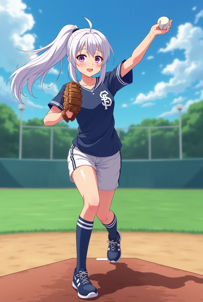 white hair 、Purple Eyes、girl、single ponytail、High school student、baseball player、Formal Baseball Tops、shorts、a baseball、Right arm swing throw