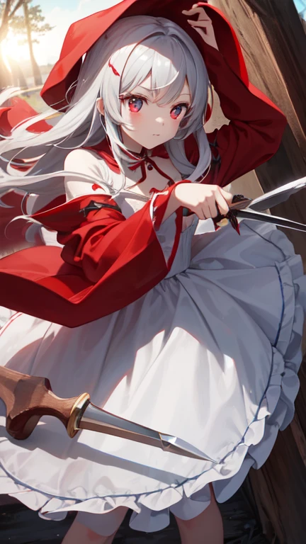 A cute little red riding hood girl is cutting with a knife、There is a sense of speed、It was evening and the sun was a bit dazzling.、Ultra HD、delicate、high quality、Facial beauty、Precise、A fantastic atmosphere、