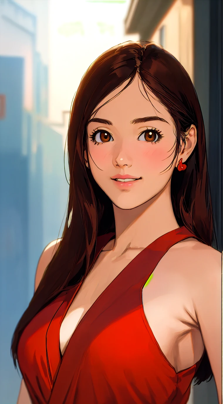 cartoon, vector illustration, no gradient, solid color fill, a beautiful indonesian girl, solo, (1girl:1.9), Long straight Black Hair, Brown Eyes, Almond shaped Eyes, Heart shaped Face, Roman Nose, Olive Skin, detailed skin, no makeup, natural look, imperfect skin, (athletic fit-muscled body:1.2), defined abs, 8k, highly detailed, soft light, (white background:1.2), full big smile, (red business suit and skirt:1.5), (holding coffee cup:1.9), full body view