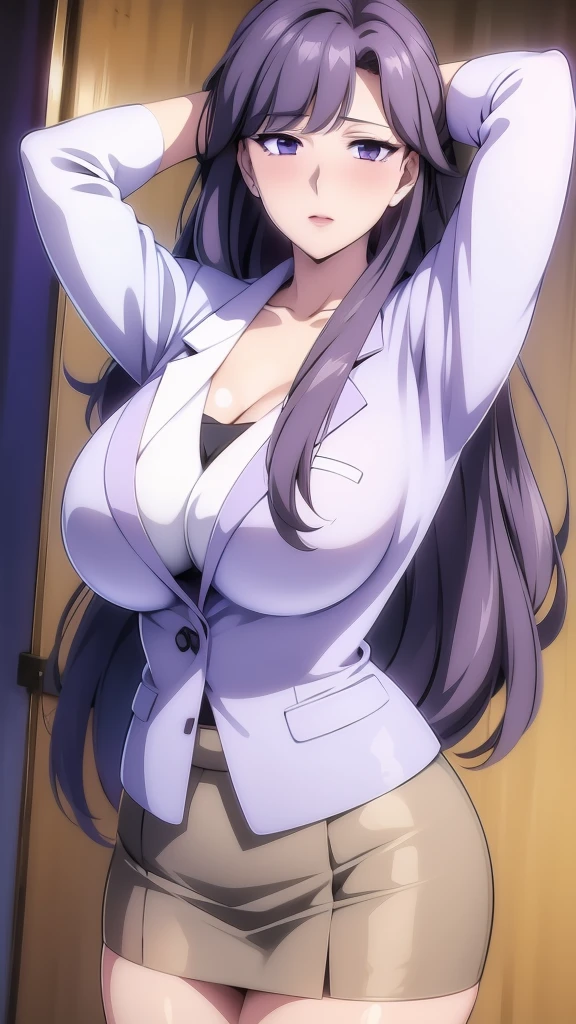 fujino ninno, light_taupe hair,wearing a lavender suit, skirt, white blouse,high quality,4k,