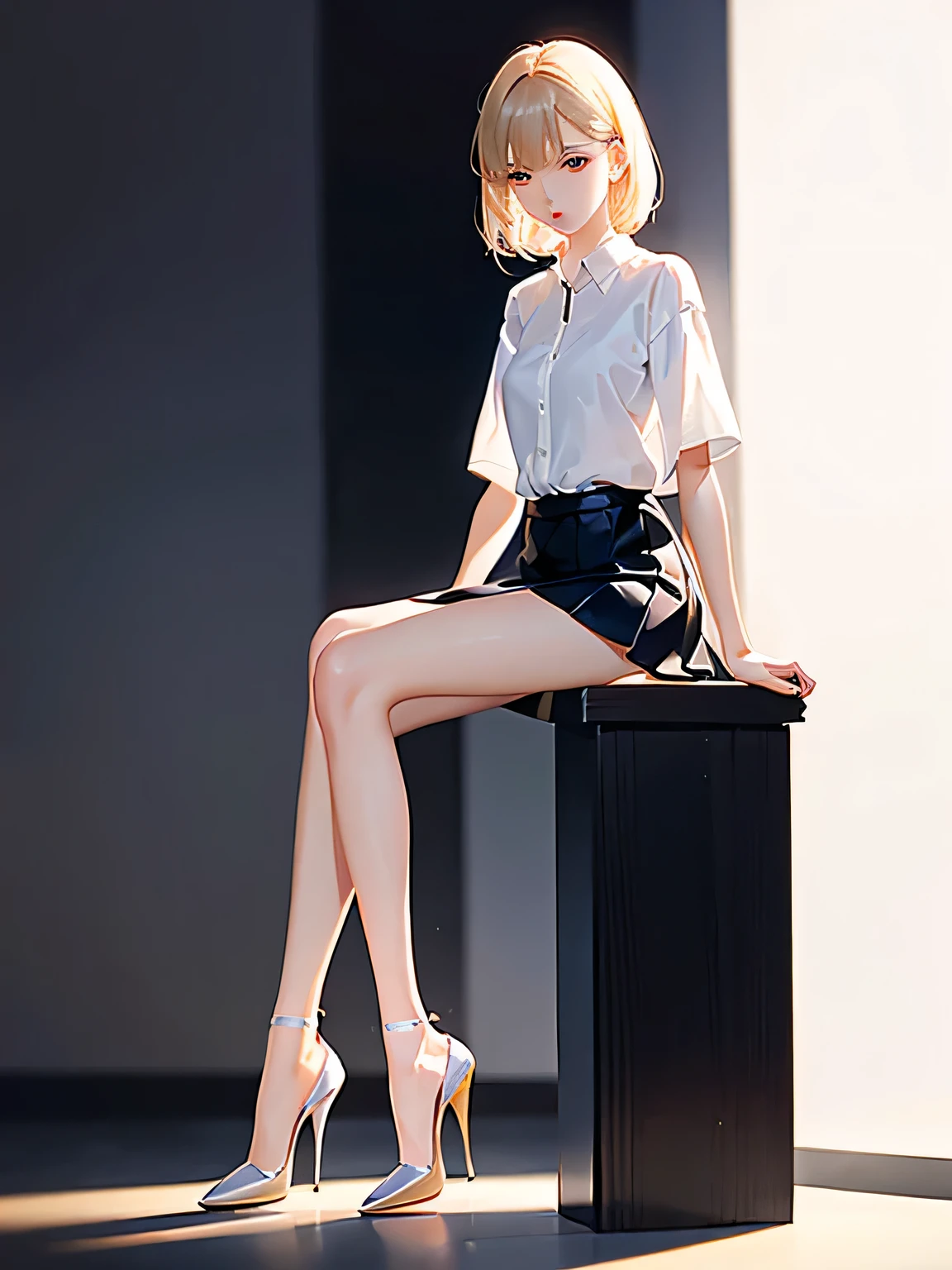 One girl, barefoot, miniskirt,Shiny skin, shirt, Short sleeve, Sitting, skirt, Large Breasts,, Stiletto heels, Yellow Eyes, masterpiece, Highest quality, High resolution