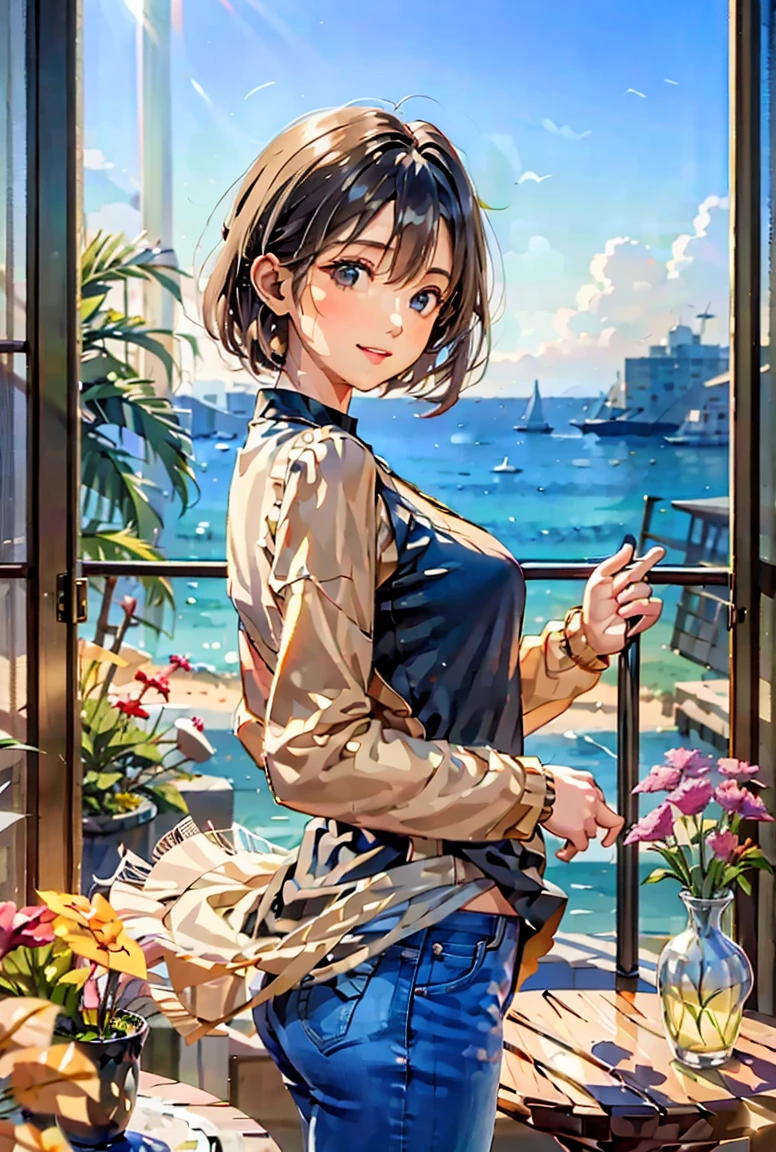 Woman looking at the sea from a balcony　Feminine jeans and black long sleeve shirt　Late Summer Morning　sea breeze　Signs of autumn