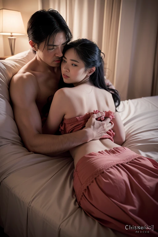 beautiful detailed couple in bed, romantic intimate lovers embracing, sensual passionate lovers, ultra detailed photography, masterpiece, photorealistic, 8k, hyper realistic, dramatic lighting, soft warm colors, chiaroscuro lighting, dramatic tonal range, moody atmosphere, cinematic composition, detailed skin textures, intricate fabric folds, emotive facial expressions