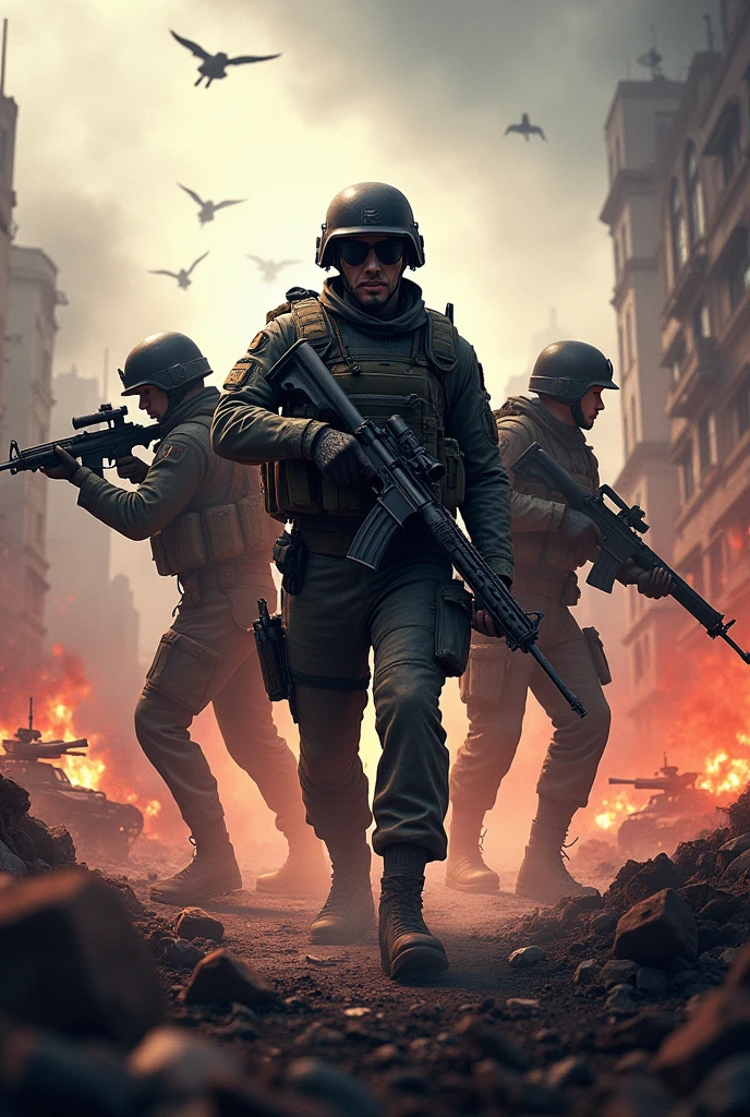 A picture of a city battlefield shrouded in smoke with buildings, vehicles and soldiers obscured by smoke, some of them sprinting forward, while others skillfully use weapons. --auto --s2