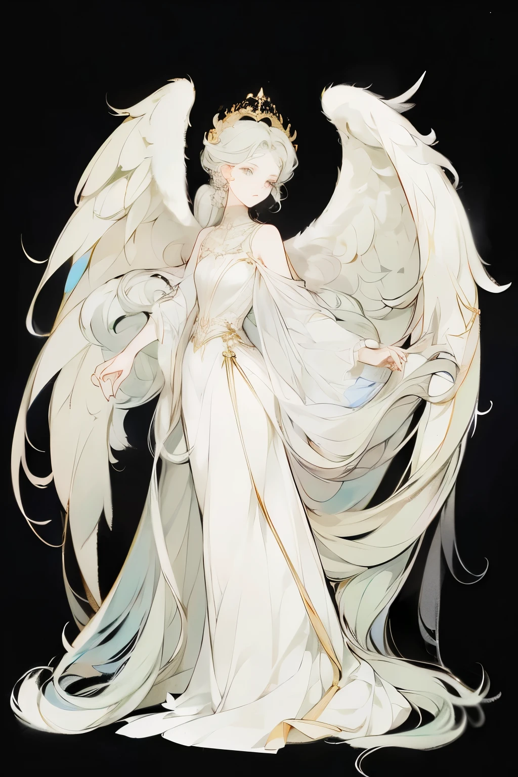 Full body portrait of 1 girl, angelicales, Angel wings, Gorgeous long dress, standing on your feet, (((solo))), Clear facial features, Simple line design, ((Solid black background)), tarot design, Standing drawings of characters, ((flatcolors)), (tmasterpiece，top Quority，best qualtiy，Ultra-high resolution，Clear facial features，beautidful eyes，beauitful face)
