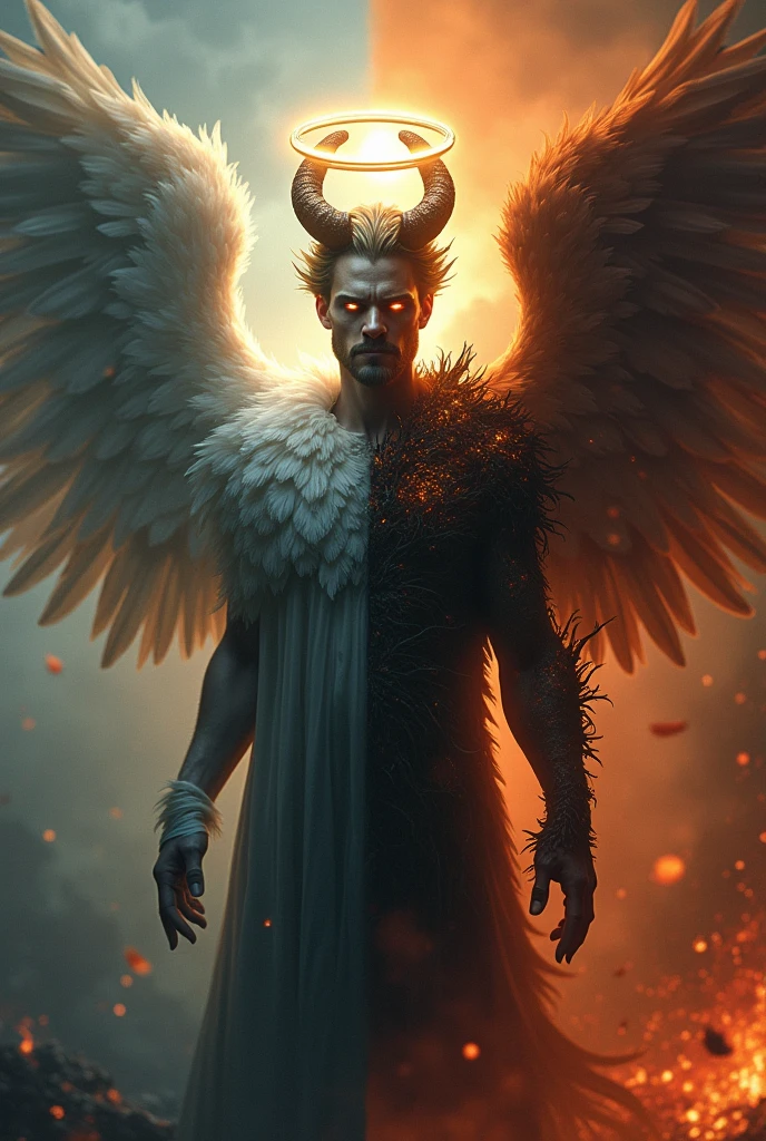 someone who has 2 sides of light and darkness, has the power of wind, fire and water, have sharinggan and rinengang eyes, have horns, medium body like a human, handsome and dashing, short hair,human ear, have wings, have a strong sword, has 3 strongest points, become a terrible demon monster, body surrounded by aura, have a clone