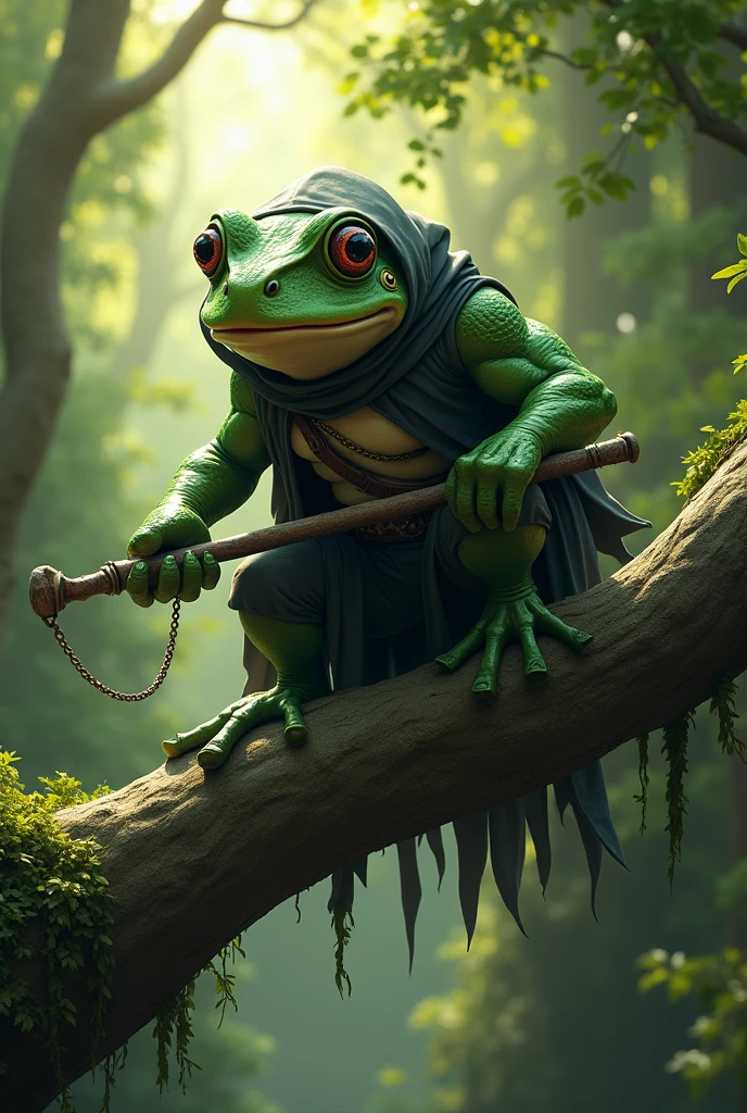 (single), (solo), shaman demonic boggard ((anthropomorphic frog)), frog, fat, anthropomorphism, stands on two feet, biped, long legs, shamanism, ritual accessories, necromancer heavy robe, (magic whip as weapon, whip wielder, tentacle-like whip), necromancer, final villain, boss, horror theme, horror, medieval, middle age, background swamp, 8k portrait render, rendered in unreal engine 5, detailed cinematic render, hyper - realistic render, hyper-realistic render, ultra realistic 8k octan photo, cinematic realistic portrait, (no duplicate eyes), no horn, hornless, no wings, no tail, no duplicate, no clone