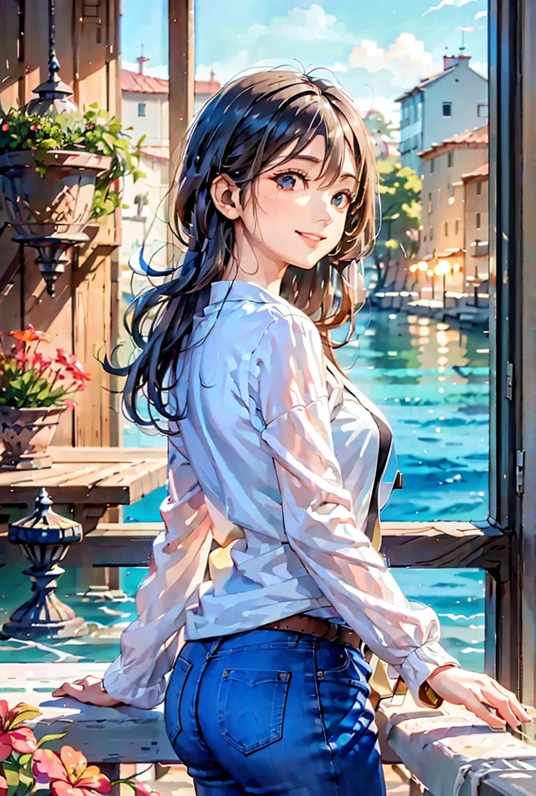 Woman looking at the sea from a balcony　A wistful smile　profile　Feminine denim and black long sleeve shirt　Black Long Hair　Late Summer Morning　sea breeze　Signs of autumn