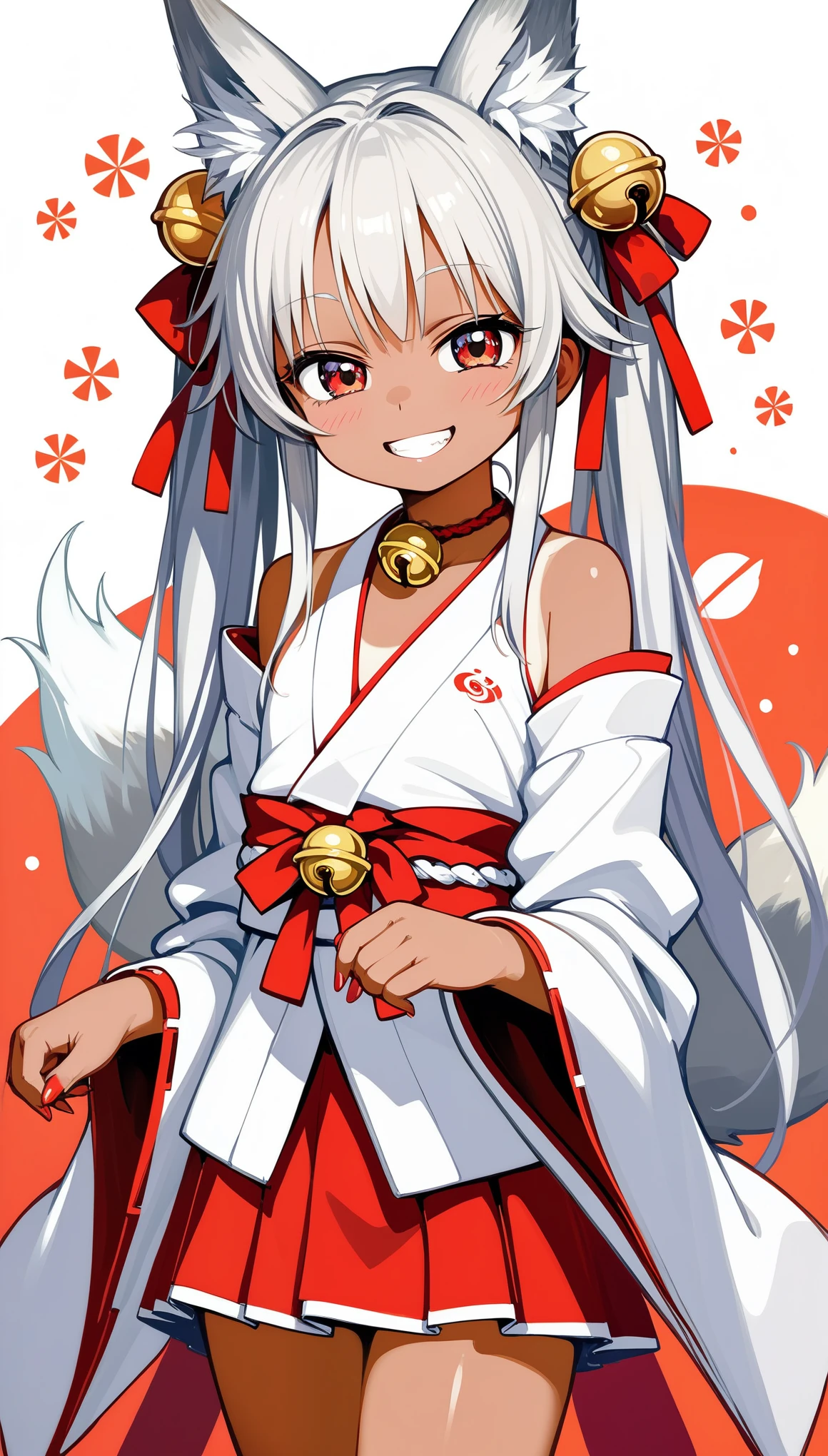 1girl, anime girls, pale skin, asanagi style, mesugaki, dark skin, tan, red eye, ((silver fox ear)), silver fox tails, Wicked Smile, evil grin,
twin tails, white Hair, Hair ribbon bell, bell choker, bimbo, ((dim body)), flat_chest, 
nontraditional miko, off shoulders, miko, red short skirt,
looking at viewer, lewd, cute, big eyes, ero, ecchi,
Score_9,Score_8,score_7_up,source_anime, rating_questionable, 
