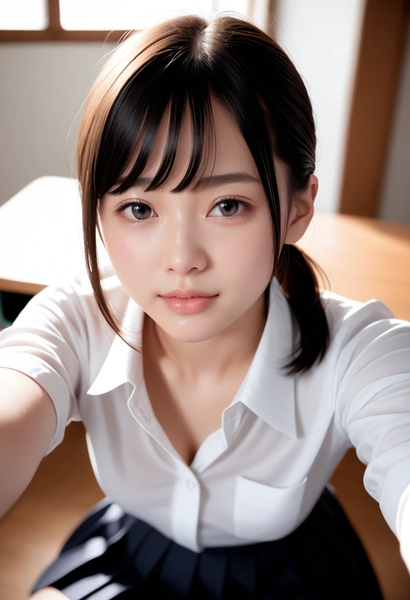 score_9, score_8_up, score_7_up,(Best quality:1.0),(masterpiece:1.0),photorealism, realistic, photorealistic, Beautiful Adolescent, break, 1girl, ****, idol face, cute face, (black hair:1.1), (black eyes), low ponytail, (small breasts:1.1), beautiful Detailed (well-shaped) breasts, slender, (japanese:1.2), collared shirt, pleated skirt, school uniform,(Detailed Lighting), (Detailed background), pov, indoors, school classroom, night, BREAK ,,super detailed skin,shiny skin,very high resolution, very aesthetic, Best sexual lighting powered by famous artist, 8k, 16k, sexual photo, photoshop_(medium),,best photo 8k konachan wallpaper, UHD Picture,uncensored,