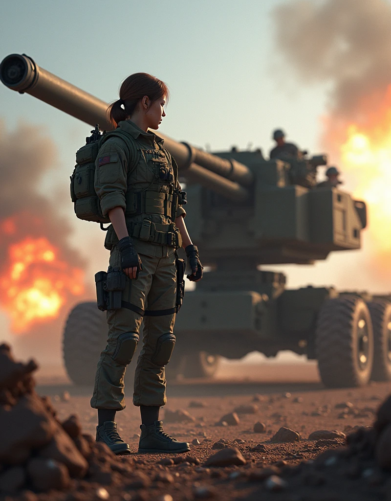 samdoesarts;  an image of woman with short blonde hair, with military gear, cargo pants, (intricate), (detailed), digital art,  dynamic pose, in a battlefield  by Jeremy Mann, matth�us merian the elder, Pino Daeni, robert rauschenber, by beksinski