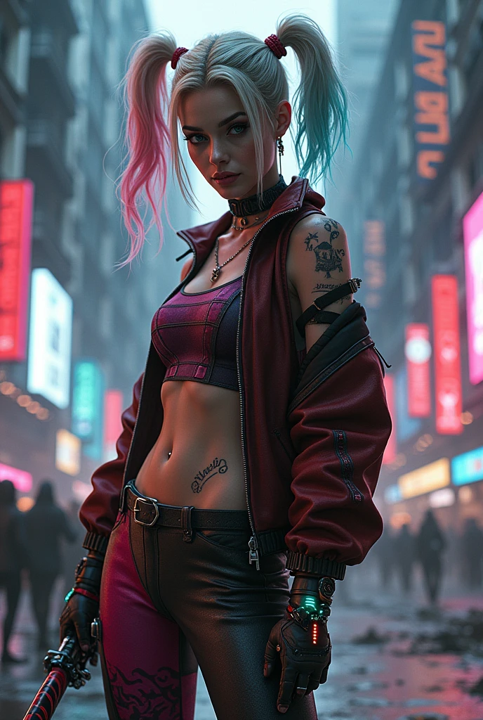 "Create a 4K, ultra-realistic digital image that could serve as a background for a GTA-style loading screen. The scene should feature a highly detailed female character with a pink ponytail, wearing clown makeup. The overall aesthetic should blend the gritty, urban atmosphere of GTA with modern digital marketing elements. The background should be dynamic and visually engaging, capturing the viewer's attention with a mix of realism and surrealism. Incorporate subtle digital marketing motifs or symbols that resonate with a modern, tech-savvy audience, ensuring the image feels immersive and relevant."