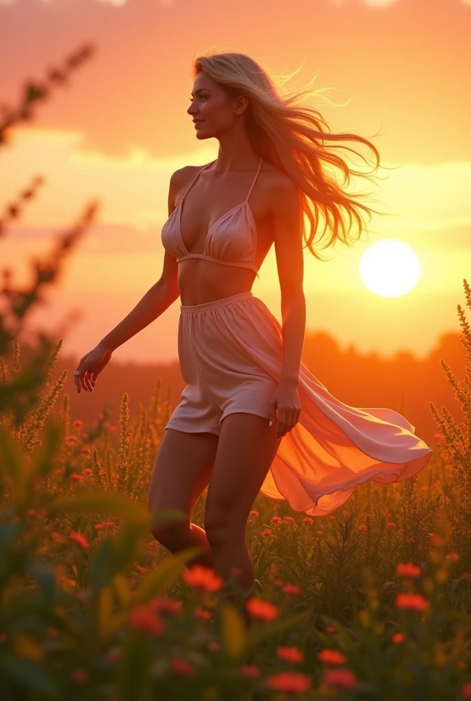 (photorealism:1.2), beautiful woman, brown hair style, on a field, with high grama, She was wearing a colorful country-style dress, dark and gloomy atmosphere, posing sideways and looking towards the ground, Transparent dress, realist, intricate details, warm color environment, Lifting up her dress and showing her beautiful legs, extremely bright sun in the background, pose sensual, posing like a top model