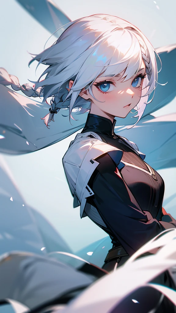 A woman with short white hair and a braid,Put the character&#39;s left eye patch on. ,Blue eyes, tears flowing,Cute, smile, cute,coat,middle bust,Take the whole body,shorts,long socks,Sitting on the stairs