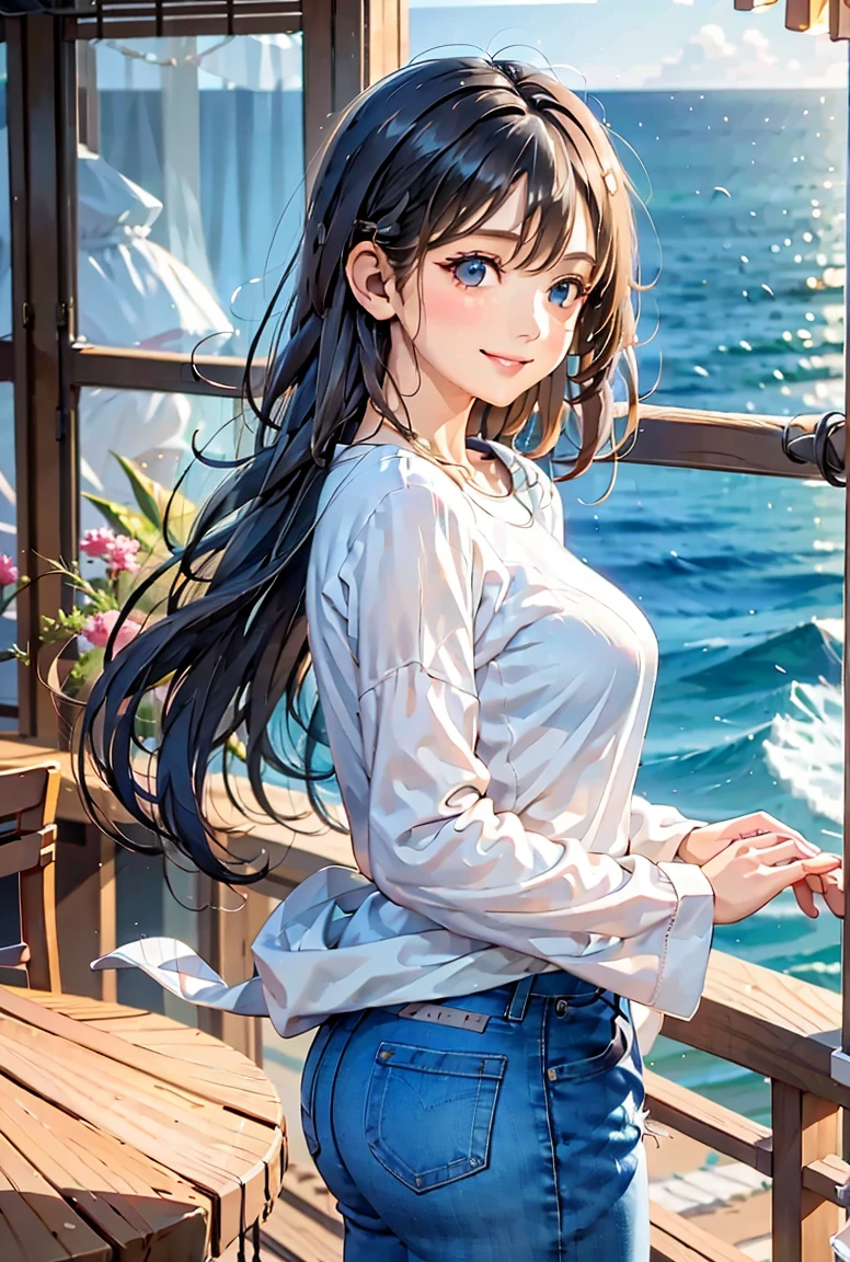 Woman looking at the sea from a balcony　A wistful smile　profile　Feminine denim and black long sleeve shirt　Black Long Hair　Late Summer Morning　sea breeze　Signs of autumn