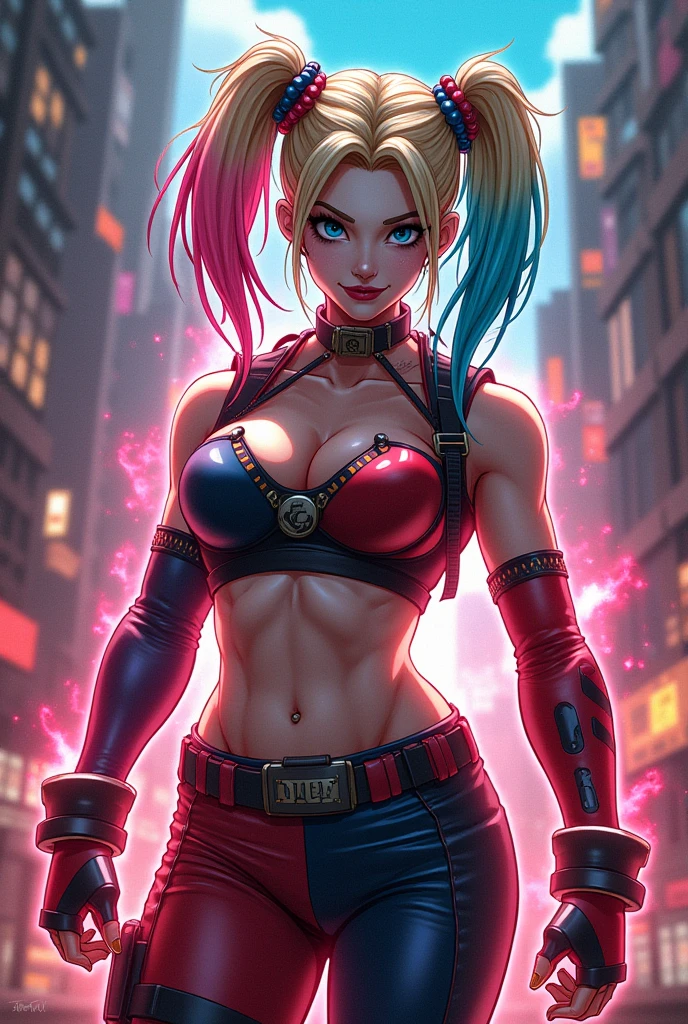 (La mejor calidad,A high resolution,Ultra - detallado,actual),harley quinn supergils sexy , (Margot Robbie dressed as harley quinn in Suicide Squad all alone) ,(Ruined dungeon ruins background:1.4 ), TOP Negro violent ,(pink hair +red:1.4), MINISKIRT Corto yellow, (cowboy pose), ,( cyberpunk 2.1),( harley quinn:1.4),( harley quinn V2.1), (gothic city background), (bright colors:1.4), (Margot Robbie dressed as harley quinn in Suicide Squad all alone), (cool color: 1.4), sharp focus, 8k UHD, DSLR, (Fujifilm XT3), score_9, score_8_up, score_7_up, score_6_up,More detailed 8K.motor irreal:1.4,UHD,La mejor calidad:1.4, fotorrealista:1.4, textura de la piel:1.4, obra maestra:1.8,obra-prima, mejor calidad,objeto Objeto], (detailed face features:1.3),(Las proporciones correctas),(Ojos hermosos azules),  (pose vaquero), Epic Fantasy Art Style HD, 4K fantasy art, epic fantasy digital art style, epic fantasy art style, Fantasy Woman, epic fantasy art portrait, Epic fantasy style, hyperrealistic fantasy art, hd fantasy art, Epic fantasy character art, epic fantasy art, in style of dark fantasy art, epic fantasy digital art