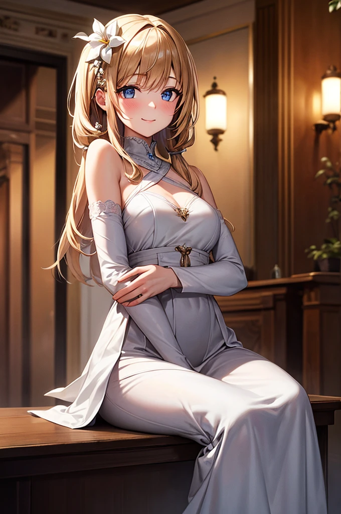 Best Quality,in 8K,hight resolution,((masutepiece:1.2)),Ultra-detailed,Vibrant colors,Beautiful detailed eyes,very beautiful seductive woman,Full body like,Exquisite and sexy collarbone,charming oval face,Double eyelids,rosy lips,small nose,a blond,Medium long hair with loose waves,White clerical robes with golden decorations,Beautiful breasts,Sexy figure,which are full of confidence,Elegant