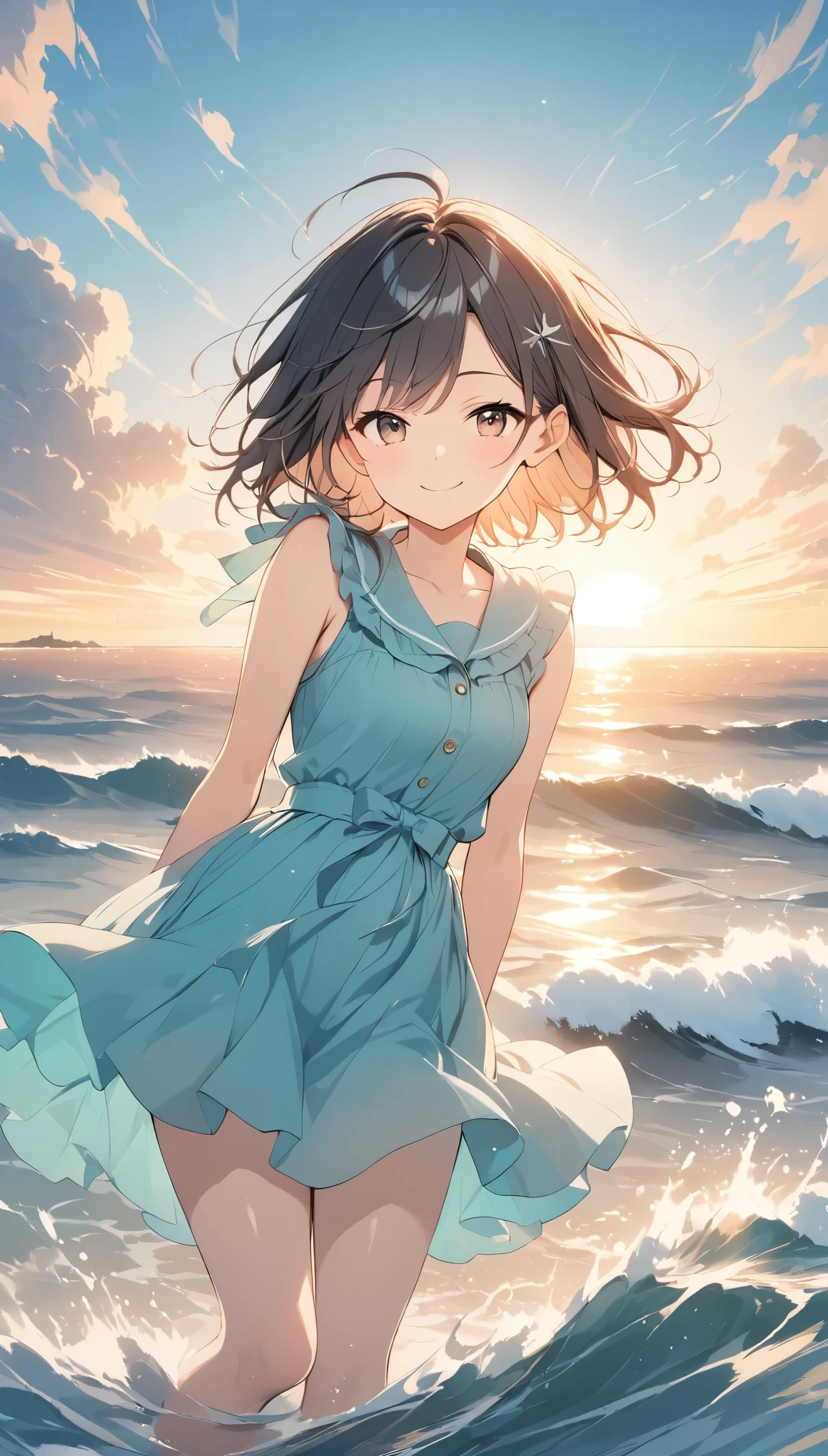 vector art、spirit of the wind、Backlight、Bright in backlight、Sun behind、Summer sky、cumulonimbus、Girl standing on breakwater、He has his hands behind his back and is leaning forward, looking at me.、Smug face、cheek、Waves crashing against the breakwater、The waves splash and the water shines beautifully.