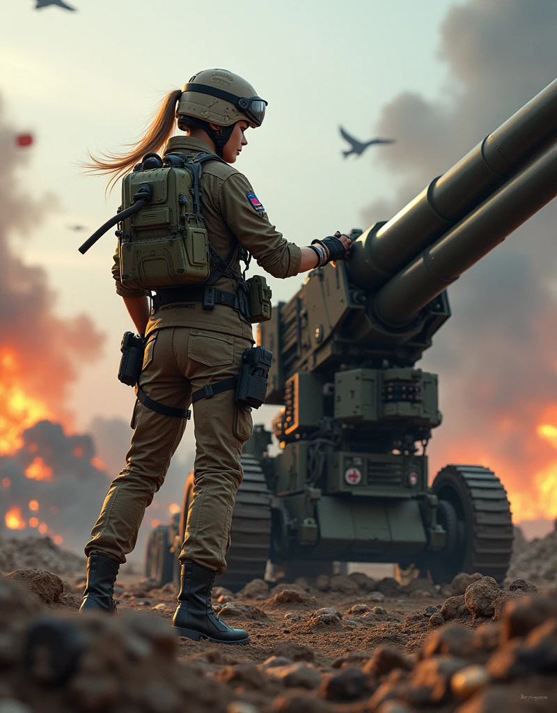 16 year old girl in beautiful Japan of Self-Defense Forces fighting on the battlefield, light muscles, world war, modern war theme, army girl, rifle, (holding a rifle: 1.3), (aiming and holding rifle: 1.3), soldier girl, infantry girl, shootout, air raid, air strike, military, camouflage uniform, burning vehicle, warzone, battlefield, war, ruins, explosion, burning city, smoke, ( helmet), torn tank top, belly button, gloves, torn military pants, face stained with mud and blood, sweaty skin, bloody skin, mud-stained skin, small, cleavage, sad expression of despair, painful expression, highest quality, ultra-high resolution, absurdity, realistic, physically based rendering, cinematic lighting, complex and cinematic appearance, cinematic soft light, soothing tone, battlefield background, urban war background, photorealistic, cowboy shot, dynamic angle