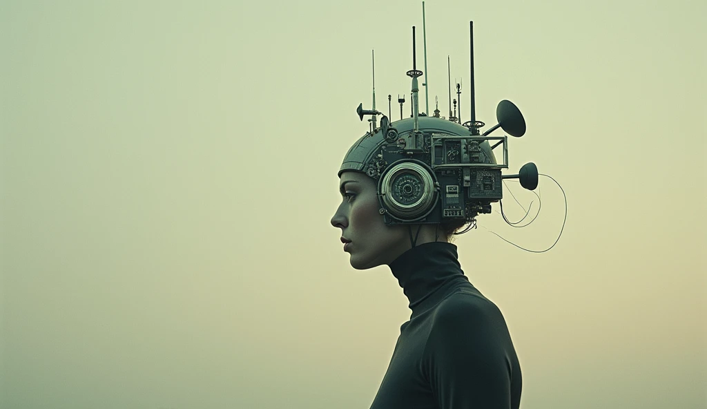 surreal composition,A person'the head becomes a complex signal receiver,White mist hovering around the head,Retro photo album cover,Realistic minimalist style