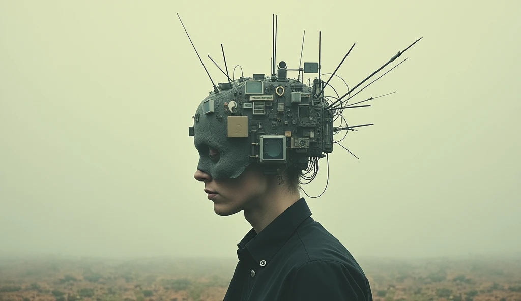 surreal composition，A person&#39;the head becomes a complex signal receiver，White mist hovering around the head，Retro photo album cover，Realistic minimalist style