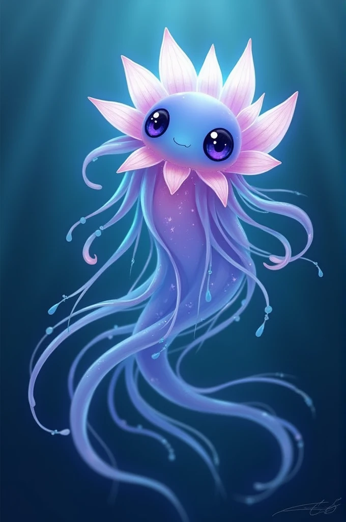 Clione and jellyfish merge with a girl. slime body. The whole body is translucent like jelly. Body lines like wearing a dress. overly long sleeves. tentacles protruding from the sleeves,. Female mouth. Her face is covered with a heart-shaped slime mask.、Completely hide your eyes, There are glowing crystals instead. Her chest glows.