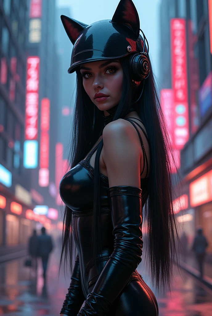 (masterpiece), (best quality), extremely delicate and beautiful, long black straight hair, elegant hair, (30 years old, hazel eyes, hourglass figure, perfect fit body, natural big breasts), ((perfect female figure)), rider girl, bodysuit, twintails, cyberpunk city background, cat ears helmet,