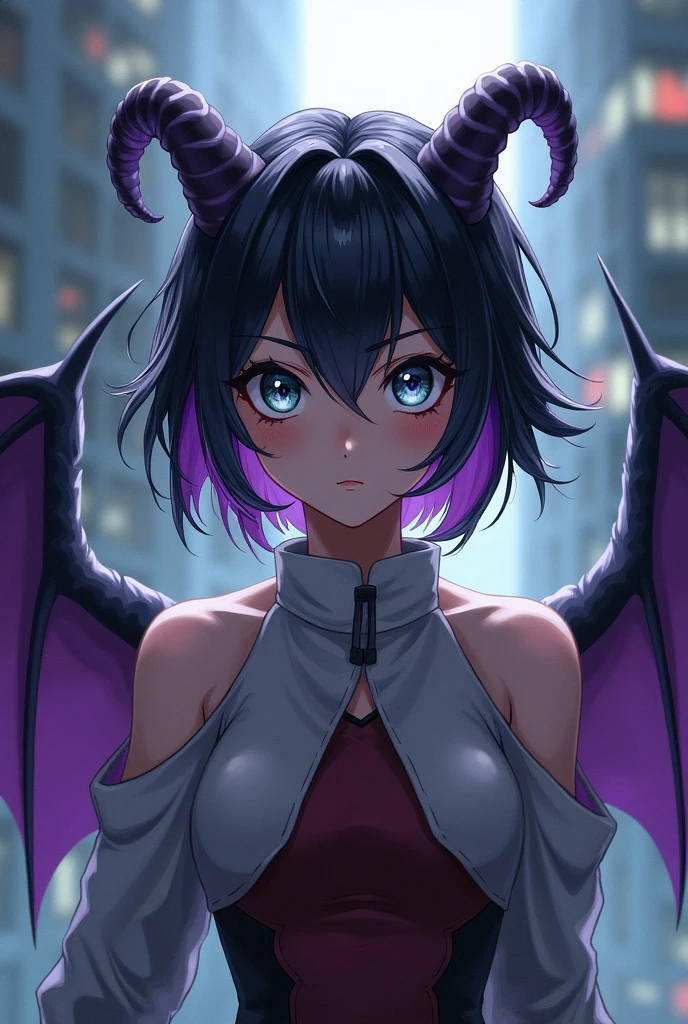 Succubus, purple skin, freckled black dots, black scleras, small horns