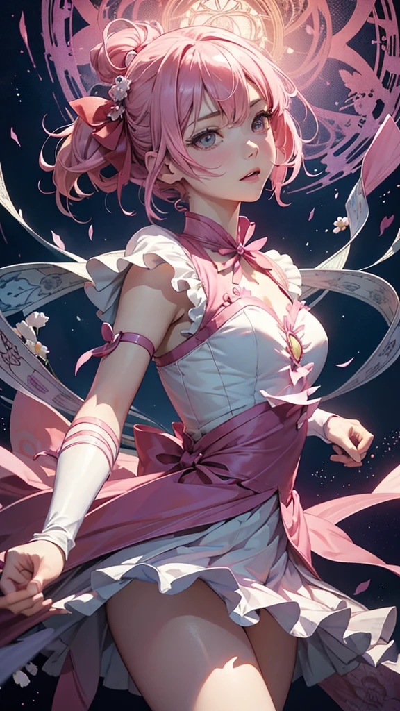 Official Art, unity 8k wallpaper, Very detailedな, Beautiful yet fleeting、beautiful, masterpiece, Highest quality, Japanese style,Pink Carnation (zenTangle, Mandala, Tangle, enTangle), Flower Ecstasy,((Madoka Kaname)) One Girl, Very detailed, Dynamic Angle, Cowboy Shot, The most beautiful form of chaos, ((Magical girlまどか☆マギカ)).elegant, Brutalist Design, Vibrant colors, Romanticism, James Jean, Robbie Dawi Anton, Ross Tran, Francis Bacon, It was very cold, Petra Cortright, Gerhard Richter, takato yamamoto, Ashley Wood, Atmospheric,Pink clothes、Pink Hair Shorthair、Magical girl、Adrianne&#39;genius((Big Breasts))((Black Thong))