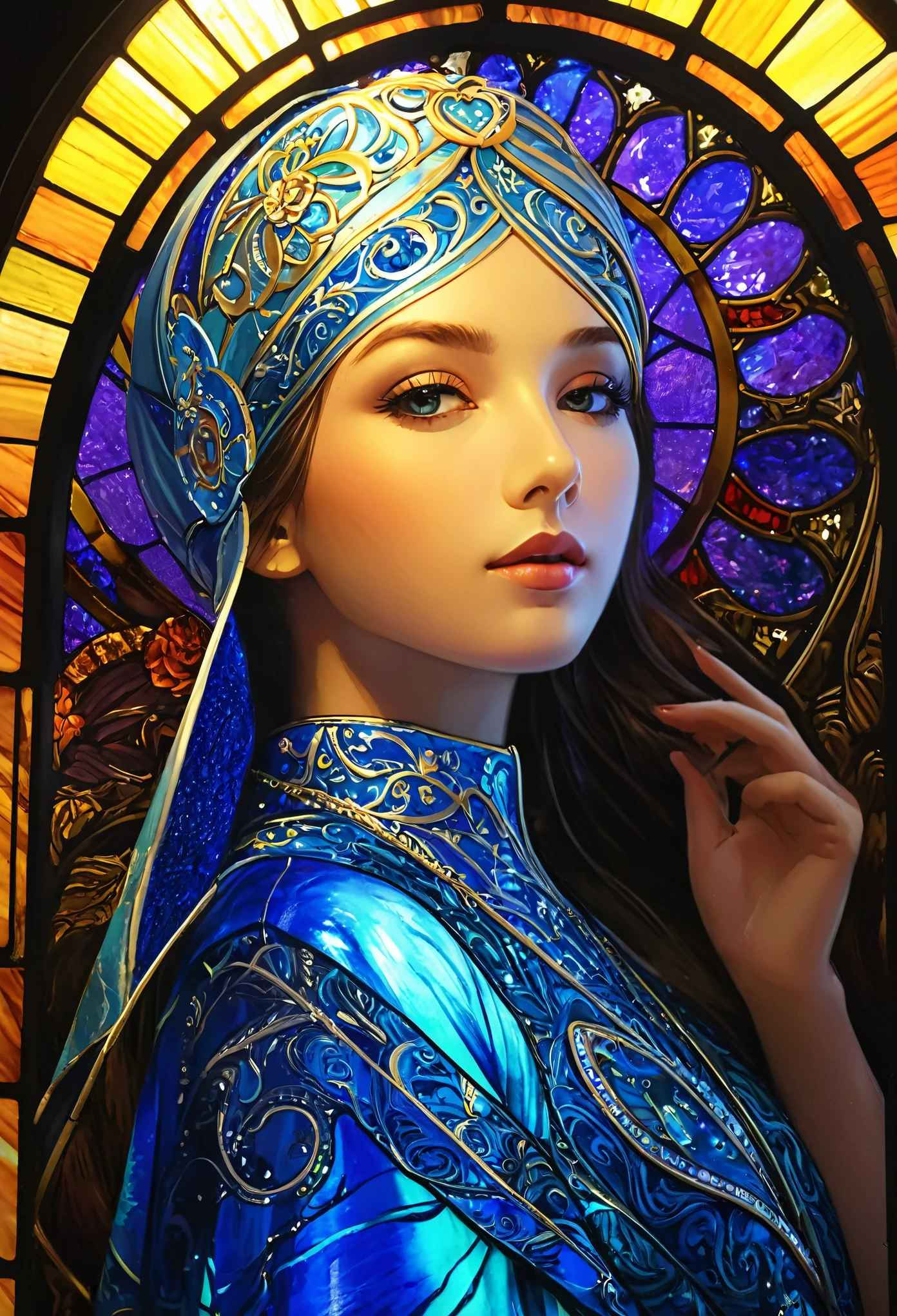 (masterpiece, Highest quality, Highest quality,Official Art, beautifully、aesthetic:1.2),(One girl:1.3), One girl BREAK stained glass art, Colored Glass, Lead wire, Light transmission BREAK Vivid colors, Intricate Design, Glowing effect, Spiritual atmosphere