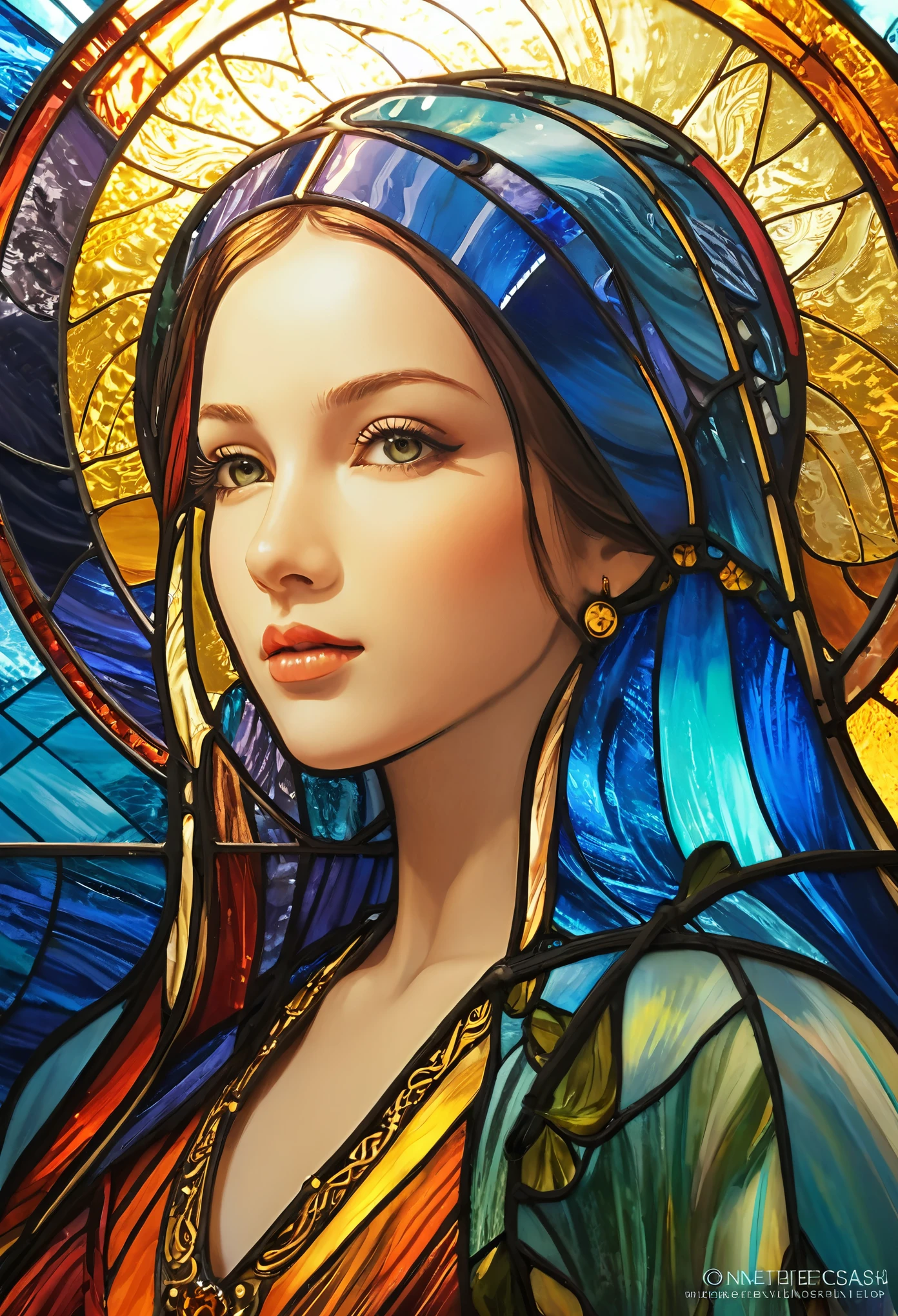 (masterpiece, Highest quality, Highest quality,Official Art, beautifully、aesthetic:1.2),(One girl:1.3), One girl BREAK stained glass art, Colored Glass, Lead wire, Light transmission BREAK Vivid colors, Intricate Design, Glowing effect, Spiritual atmosphere