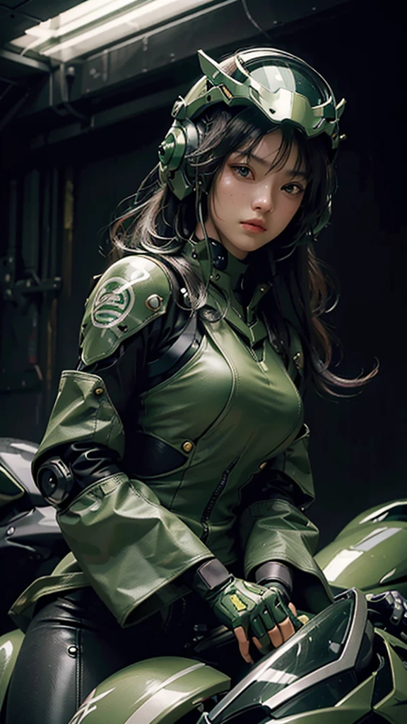 Highest image quality, outstanding details, ultra-high resolution, (realism: 1.4), the best illustration, favor details, highly condensed 1girl, with a delicate and beautiful face, dressed in a black and green mecha, wearing a mecha helmet, holding a directional controller, riding on a motorcycle, the background is a high-tech lighting scene of the future city.