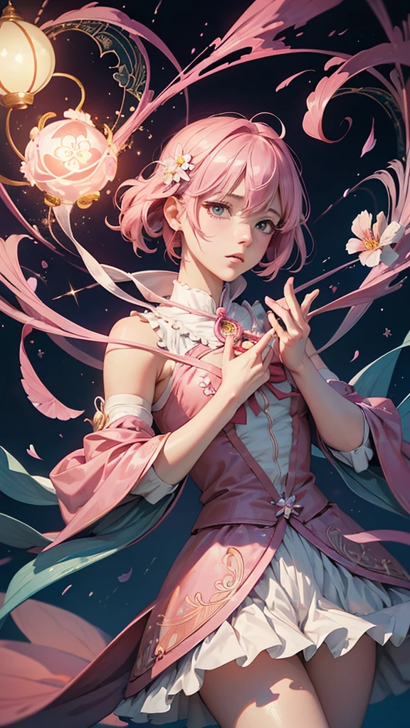 Official Art, unity 8k wallpaper, Very detailedな, Beautiful yet fleeting、beautiful, masterpiece, Highest quality, Japanese style,Pink Carnation (zenTangle, Mandala, Tangle, enTangle), Flower Ecstasy,((Madoka Kaname)) One Girl, Very detailed, Dynamic Angle, Cowboy Shot, The most beautiful form of chaos, ((Magical girlまどか☆マギカ)).elegant, Brutalist Design, Vibrant colors, Romanticism, James Jean, Robbie Dawi Anton, Ross Tran, Francis Bacon, It was very cold, Petra Cortright, Gerhard Richter, takato yamamoto, Ashley Wood, Atmospheric,Pink clothes、Pink Hair Shorthair、Magical girl、Adrianne&#39;genius((Big Breasts))((Black Thong))