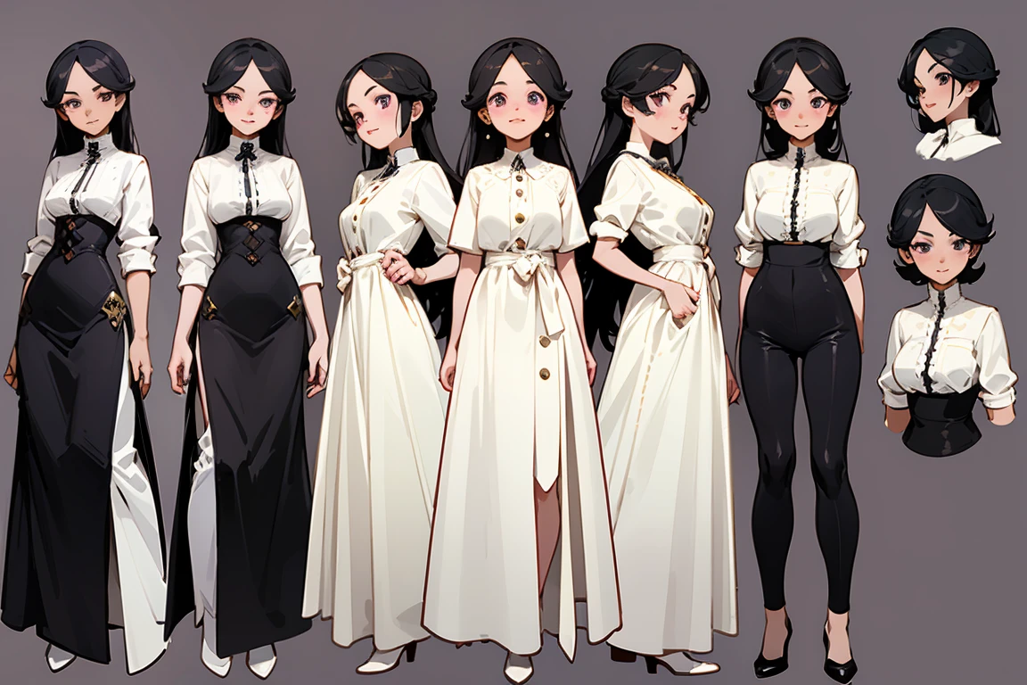 top quality, Detailed face, Character Sheet,(((Young woman:1.5))), ((full length:1.2)), Full of details, several poses and expressions, very detailed, Depth, Young woman, black hair, dark skin, long hairstyle,purple eyes, freckles, nice smile, cute pose