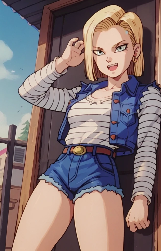 Android 18, she is wearing shorts and she looks happy