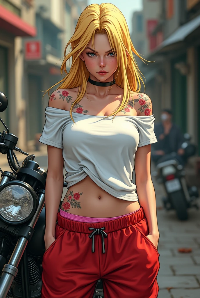 Android 18 from Dragon Ball、A long red coat、Red sweatpants、White T-shirt、Off the shoulder、Showing underboob、embroidery、Showing underboob、Get angry、bike、Showing underboob、See-through、Pink Panties、Yankee、Bakusozoku