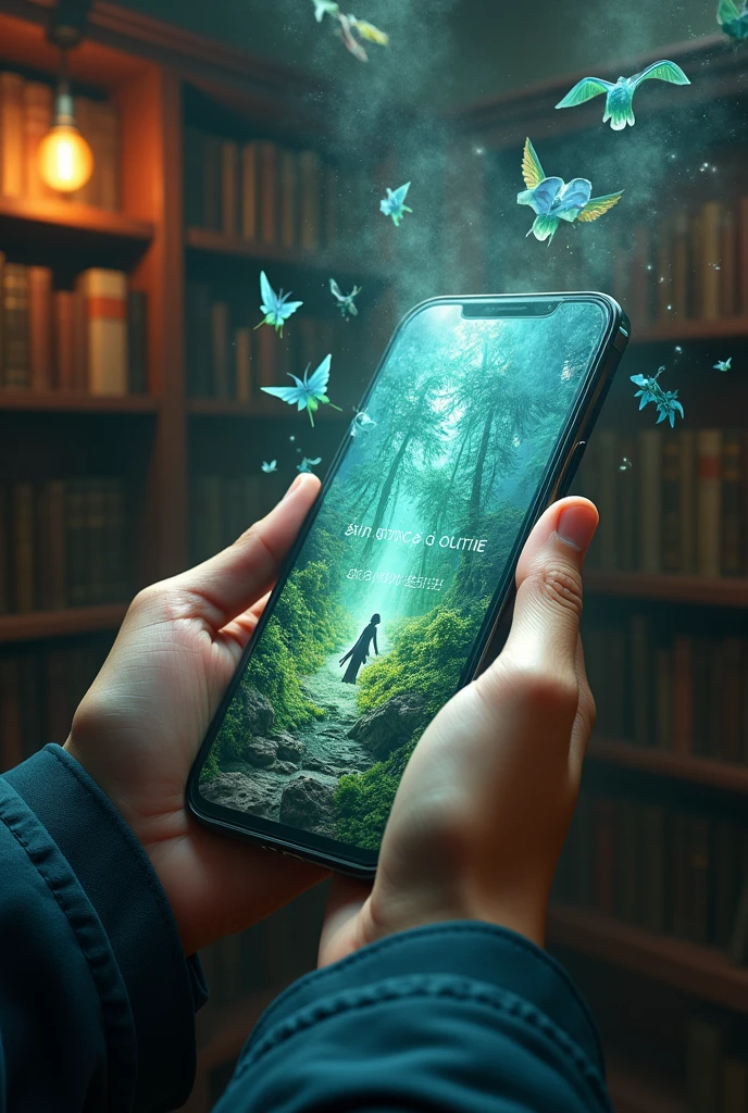 a phone with text (letters, story from a book) in it, a person holds the phone but you can see only the hands, out of the screen are coming out magic creatures and plants are growing out of the phone like a view into a magic world, in the background behind the phone is a library with a shelf and books